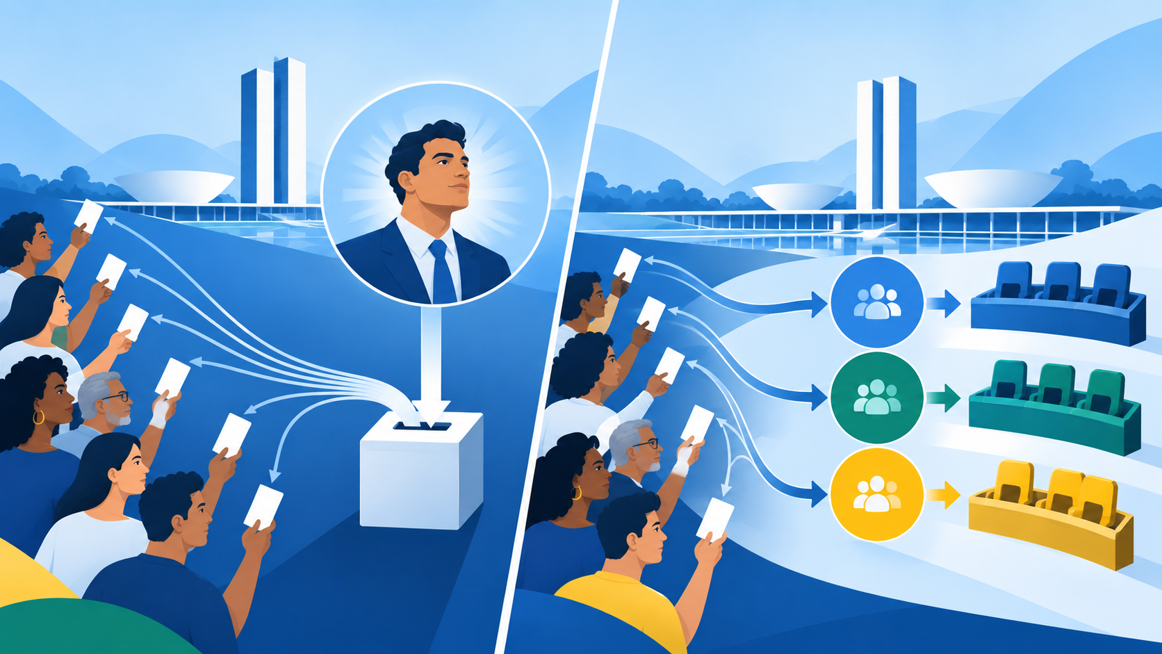 Comparação visual entre sistema majoritário e proporcional